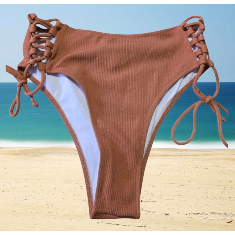 Zaful Lace Up Side Tie Ribbed Bikinink Bottoms Terra Cotta  Size 8